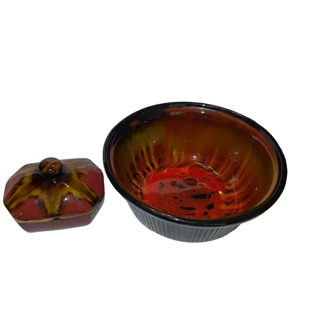 Drip Glazed Pottery Bowl Large 9.5x4 Brown Trinket Jewelry Holder Ribbed &‎ Lid